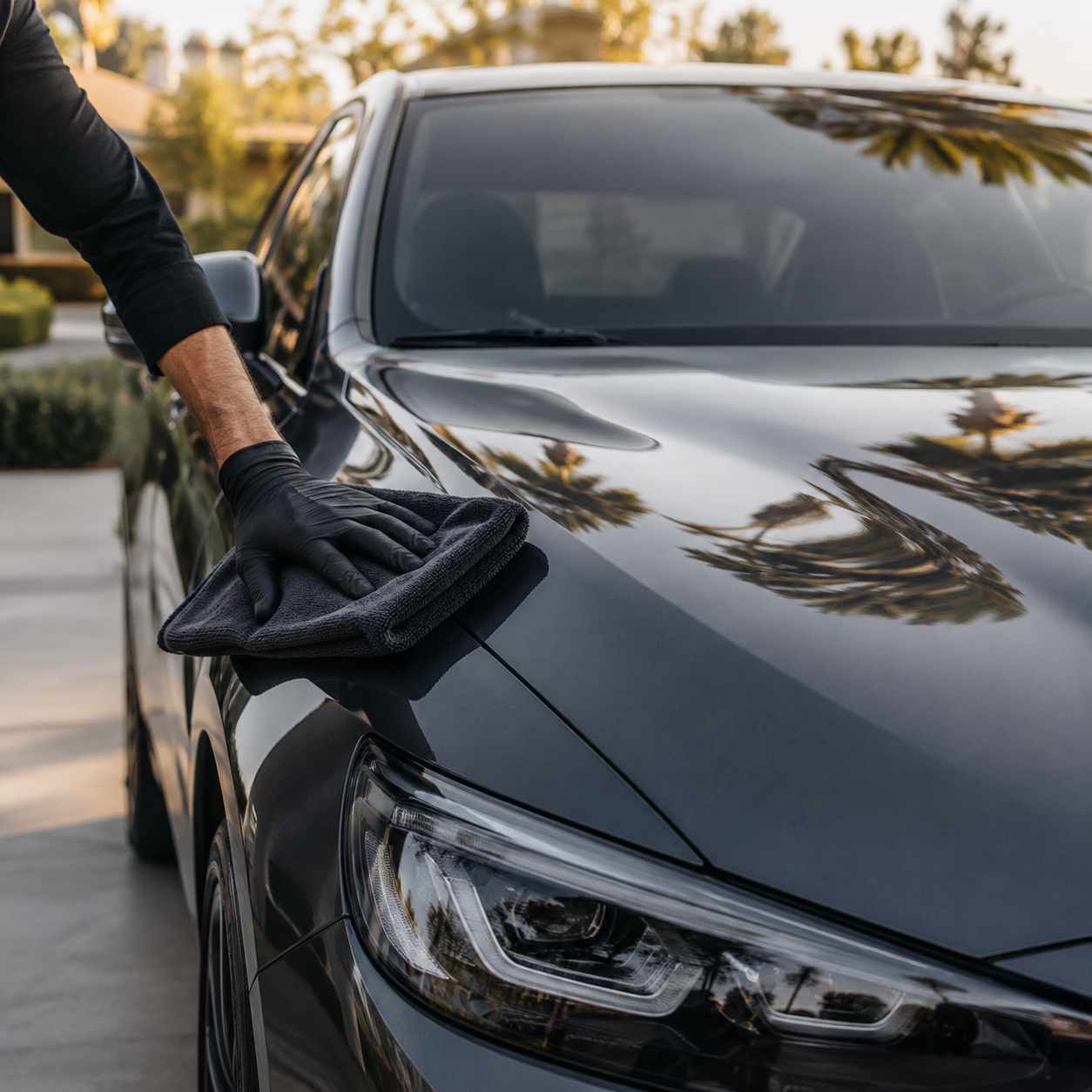 Illustrative image of a gloved hand carefully wiping a charcoal car with a microfiber towel